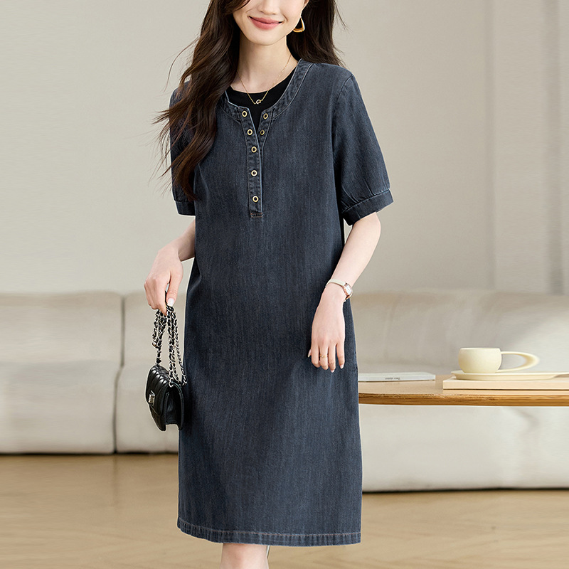 Thin Tencel Denim dress Women's Mid-length 2025 Summer New Loose Casual Belly Covering Age-reducing Skirt