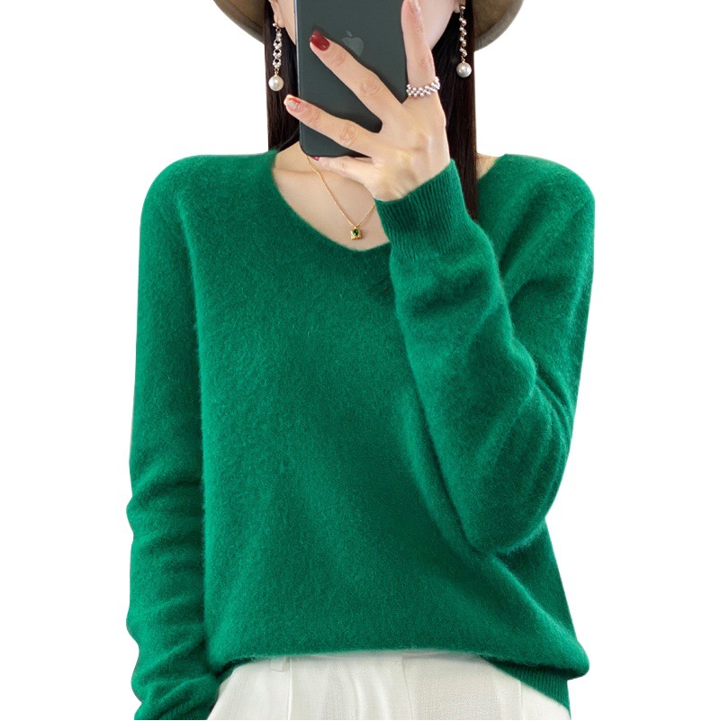 100% Pure Wool Women's Autumn and Winter Sweater with Bottoming Shirt V Neck Seamless Woolen Sweater Sweetheart Collar Knitted Top for Women