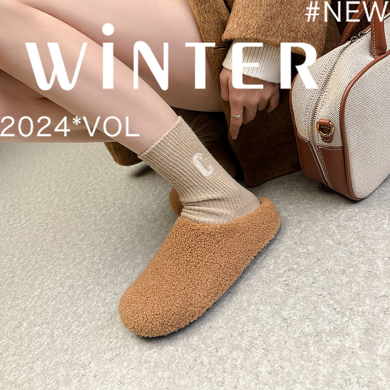 Grape Mom Autumn and Winter New Style Baotou Pedal Warm Cotton Shoes fleece-lined Maomao Half Slippers Women's Autumn and Winter Outer Wear