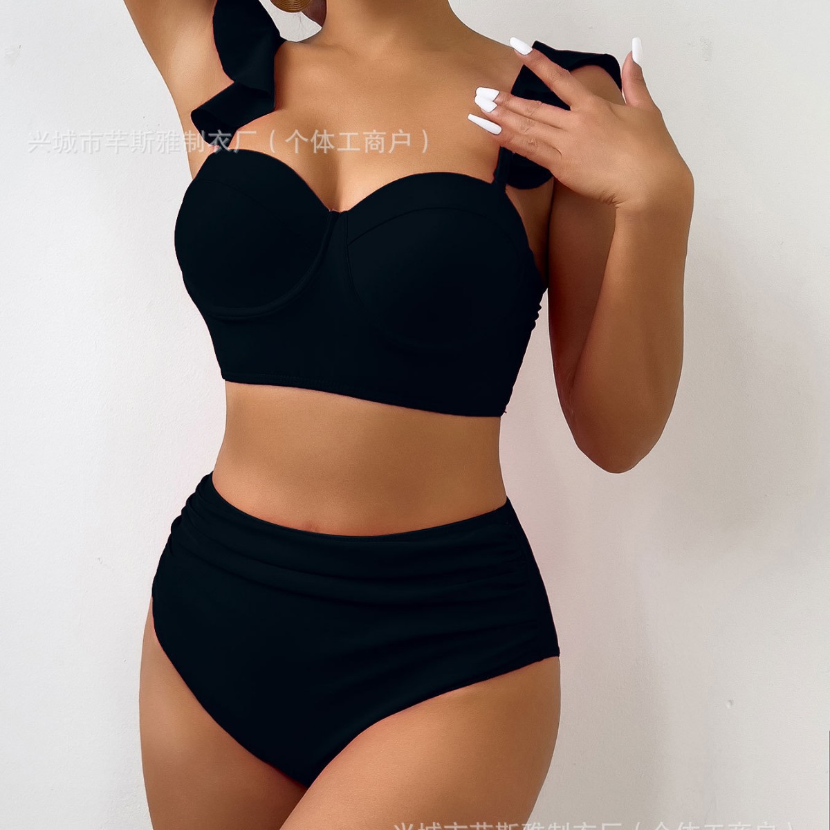 2024 Bikini Women's Two-Piece Swimsuit High-Waisted Pants Solid Color Multi-Color Wholesale Bra Underwear High Elasticity Tight-Fitting