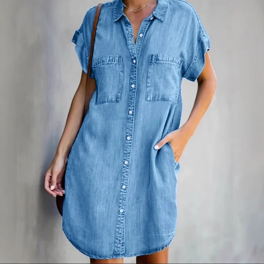 2021 Amazon wish cross-border summer new women's relaxed-fit casual solid color single-breasted Denim dress