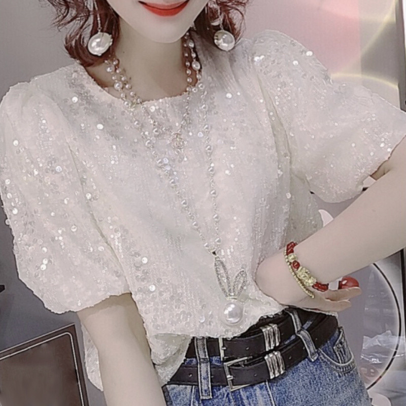 2025 New Summer Short-Sleeved Fashionable Sequined Loose Slimming Tops