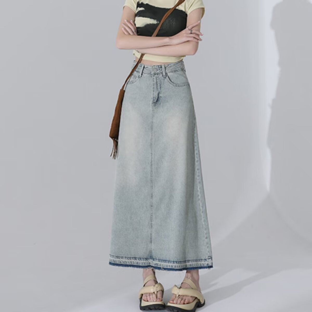 Hong Kong Style Retro Design Sense Distressed Rust Denim Skirt Skirt Spring High Waist Slimming A- Line Skirt Long Skirt for Children