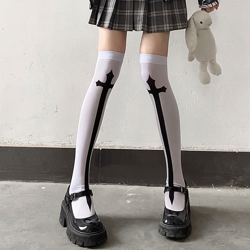 Cross Cross Cross Stockings Printing Halloween Socks Spider Web Over-the-Knee Socks Black White Lolita Stockings