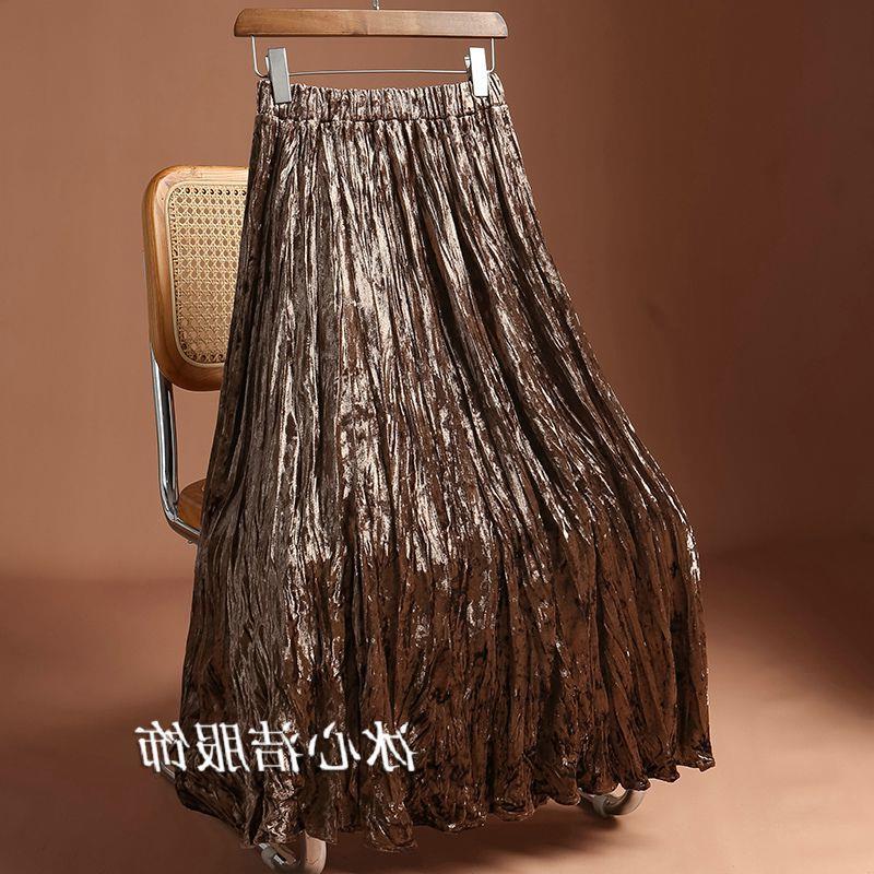 Draped Pleated Gold Velvet Skirt Women's 2024 New Mid-length Loose Waist Pleated Skirt Autumn and Winter Long Skirt