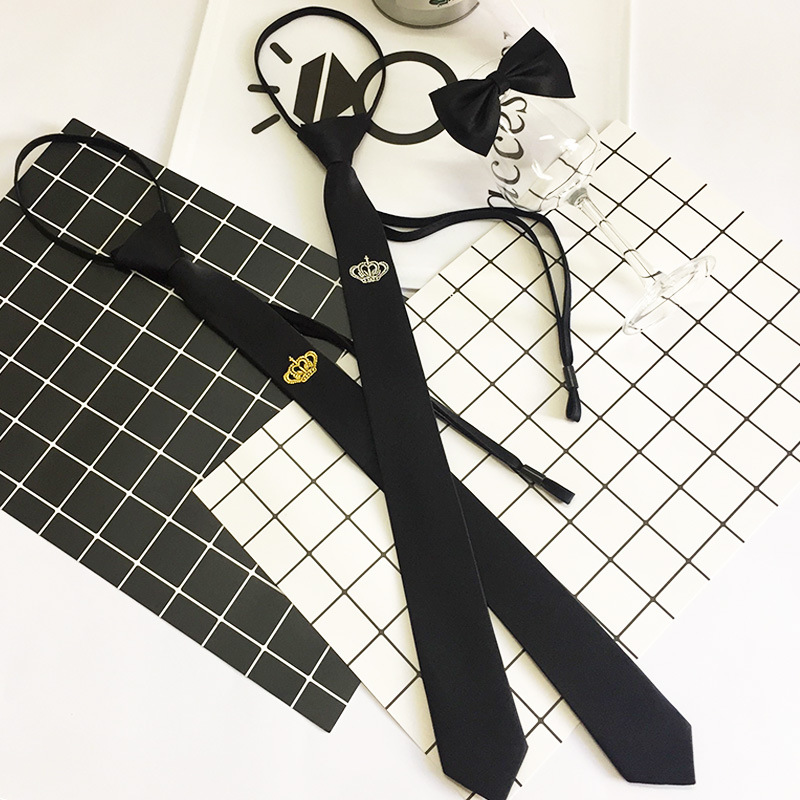 Fashion Trend New Men's Small Tie Crown Embroidery Hairstylist Slim Black 5cm Lazy Zipper Accessory