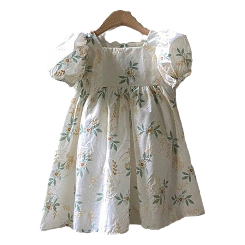 ins Korean Style Summer New Girls' Dress Floral Embroidered Children's Dress Princess Dress Cute Bubble Short Sleeve Dress