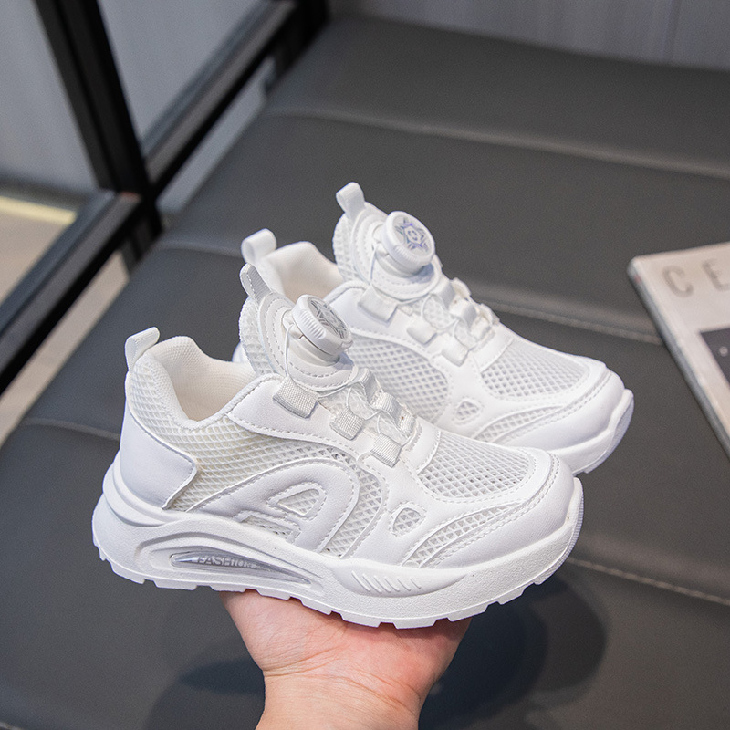 Children's White Shoes Summer New Breathable Mesh Rotating Button Boys and Girls Student Campus Sports Shoes Performance Shoes