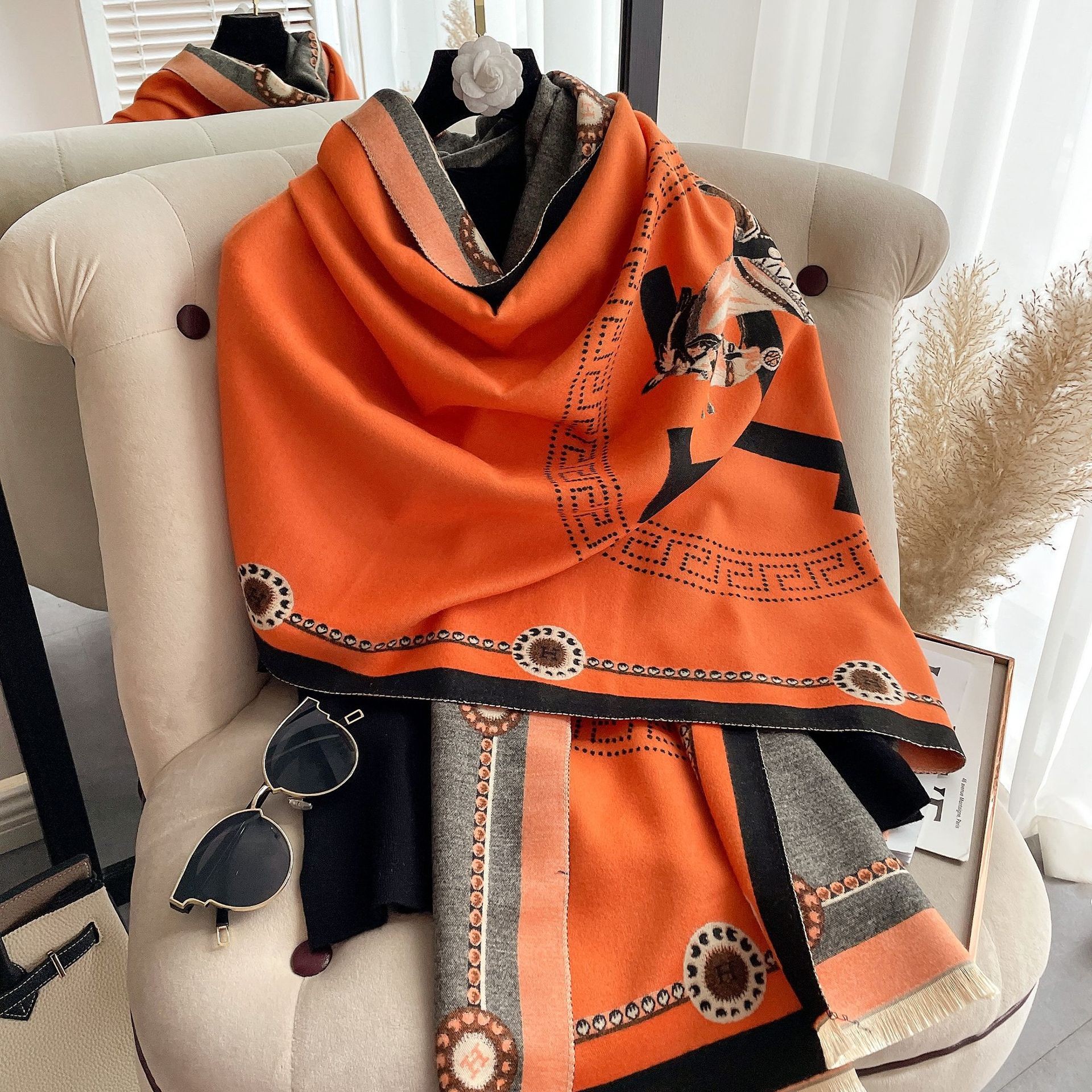 Picture of 2024 New Fashionable Big-Name Versatile Orange High-End Wool Cashmere Shawl Scarf for Women Winter Dual Use