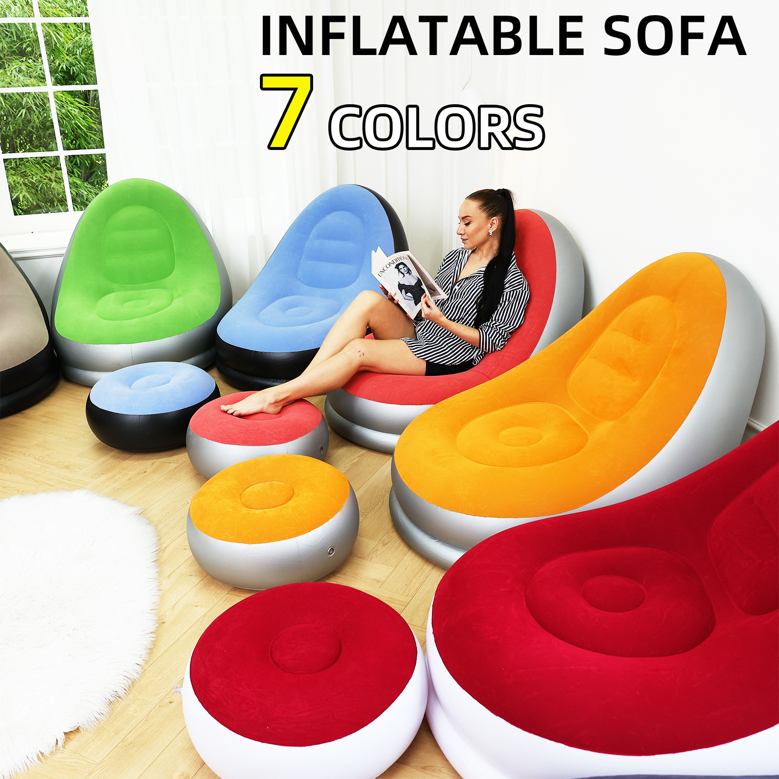 Picture of Adult Inflatable Lazy Sofa Two-piece Set with Pedal Macaron Flocking Sofa Recliner Leisure Inflatable Sofa
