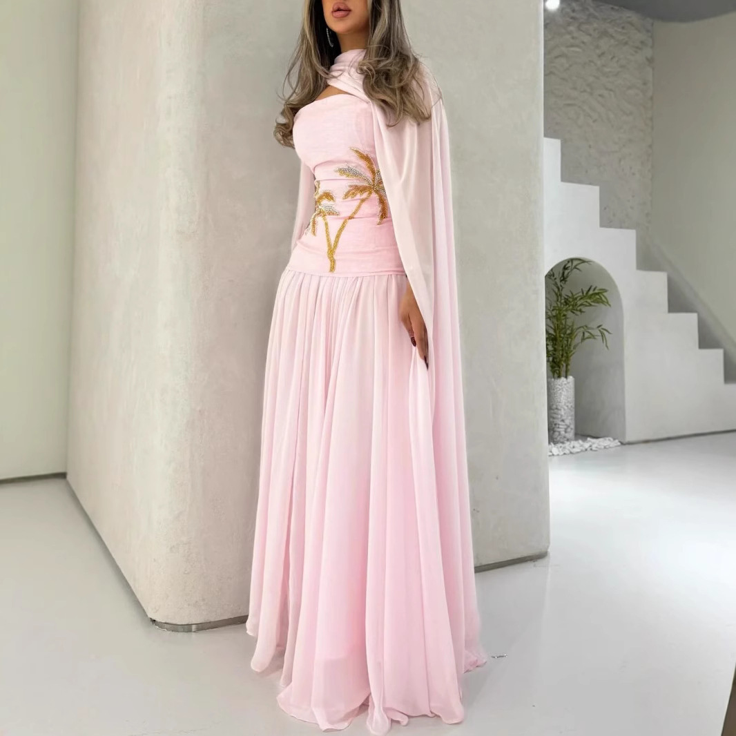 2025 Spring Cross-Border European and American Middle East Foreign Trade Women's Clothing Independent Station Amazon Sexy Chiffon Shawl Beaded Evening Dress