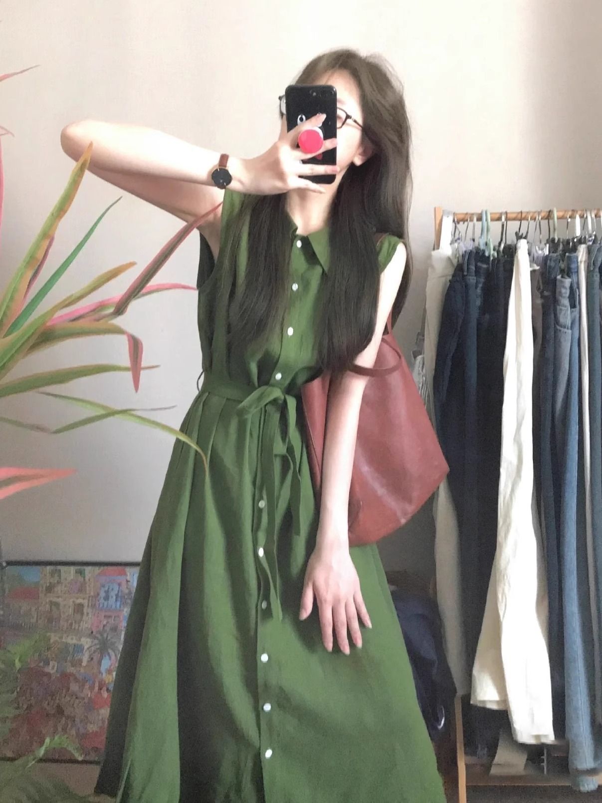 Vintage Artistic Green Shirt Sleeveless dress Women's Simple Casual Summer Comfortable Relaxation Long Dress