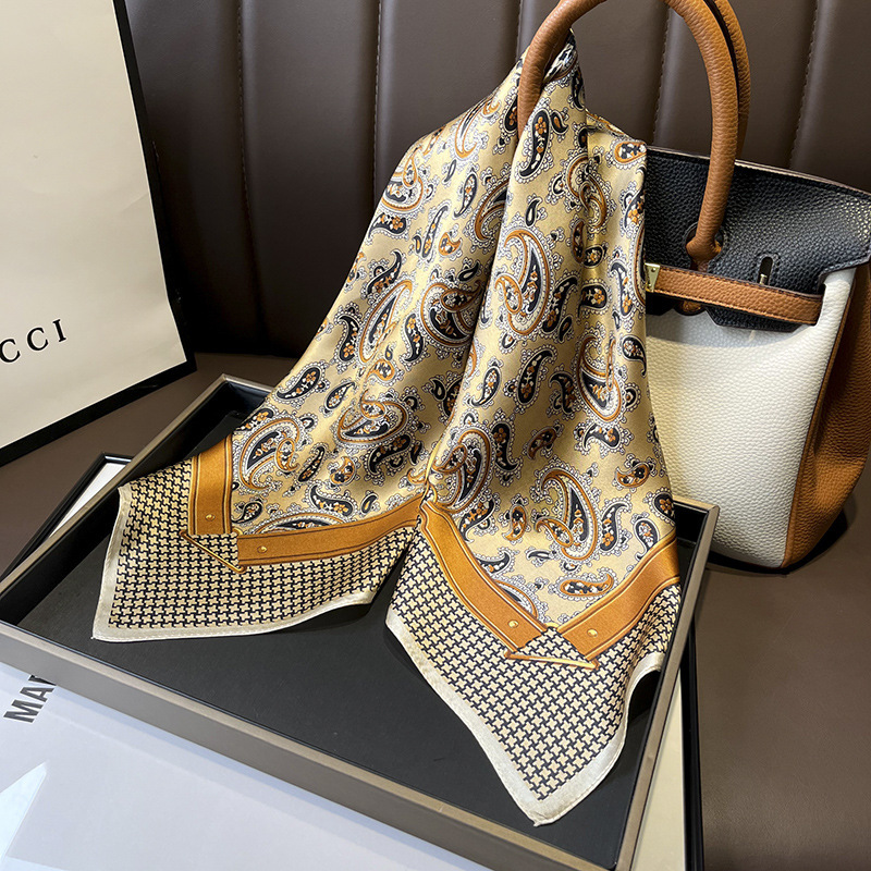 Picture of Spring and Autumn Thin Japanese and Korean Sweet Champagne Color Small Floral Silk Mulberry Silk 70cm Square Scarf Silk Scarf Hair Band Headwear Women