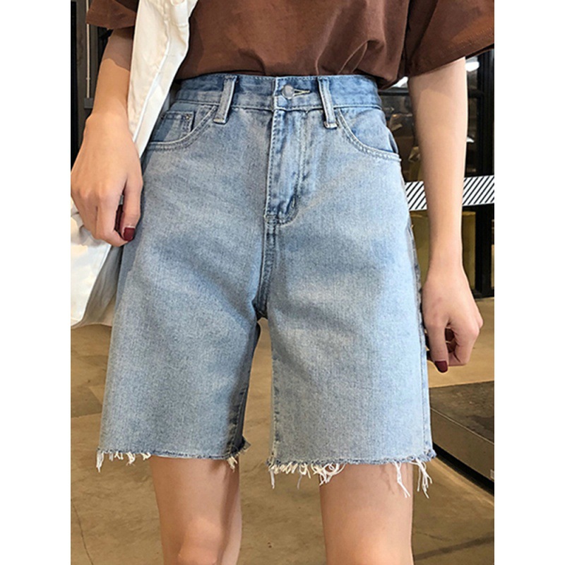 2024 Summer New Korean Style High Waist Slimming Hong Kong Style Loose Casual Straight Denim Shorts for Women
