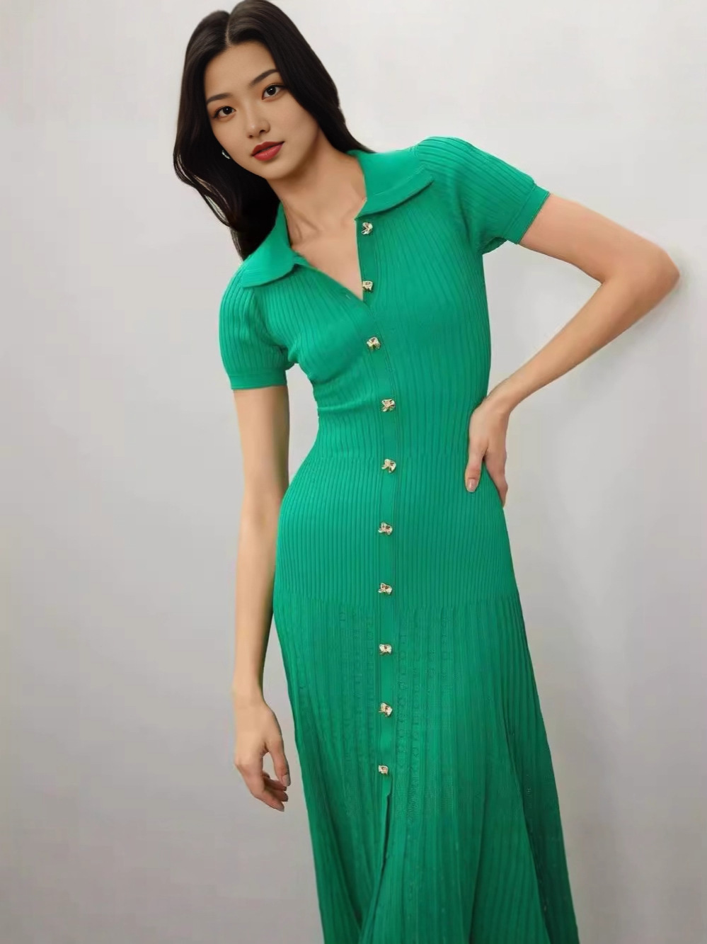 French Export Polo Collar Gold Buckle Knit Dress Women's Slim Waist Long Dress Short Sleeve Hollow Knit Dress