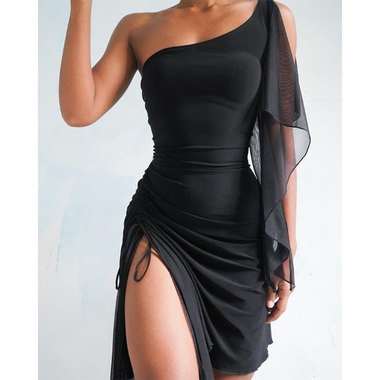 Mid-Length Export 2024 New Off-Shoulder Mesh Sleeves Slit Skirt Asymmetrical Hem Drawstring Mid-Length Dress for Women