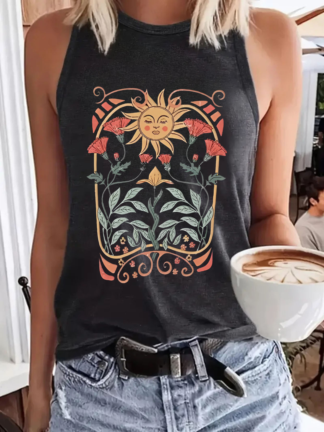 AliExpress Amazon Hot Sale Sun Printed Spring and Summer Sleeveless Top T-Shirt Round Neck Pullover Foreign Trade Vest Women