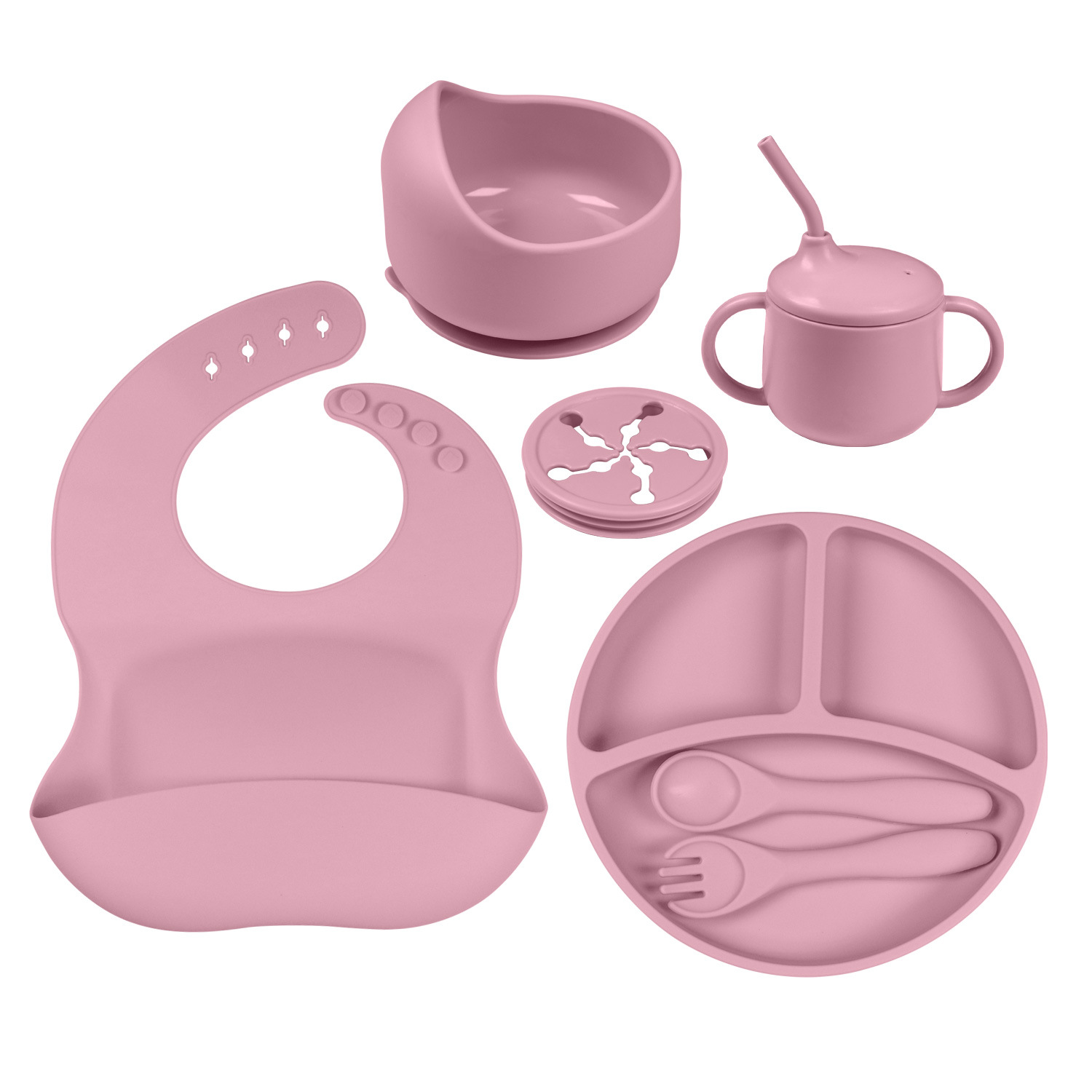 Picture of Cross-border Hot Selling Children's Supplementary Silicone Dinner Plate Bowl Fork Spoon Bib Five Pieces Tableware suit Drop Resistant Dinner Plate suit