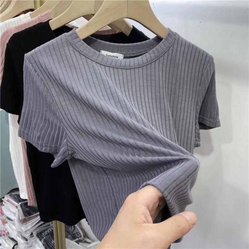 European goods pit strip crew neck short-sleeved T-shirt top women's 2025 spring and summer new Korean-style slimming inner base shirt ins tide