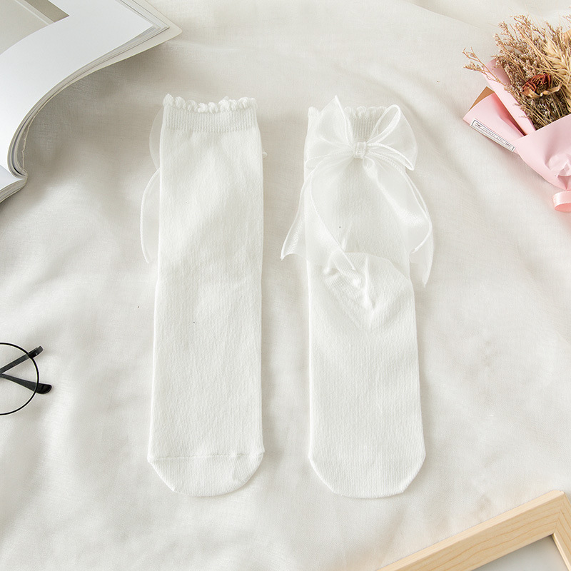 Picture of White Socks for Women Lolita Cute Soft Girl Silks and Satins Lace Mid-Calf Long Socks Lolita Uniform Jk Bow