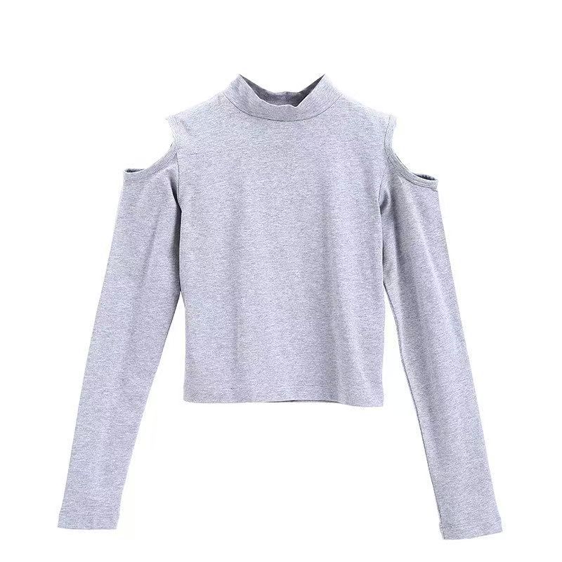Picture of Shoulder Top Women's Long-sleeved Black New Arrival Navel Wear Autumn and Winter Semi-high Collar Base Shirt Women's Tight T-shirt Fashionable Cotton T-shirt