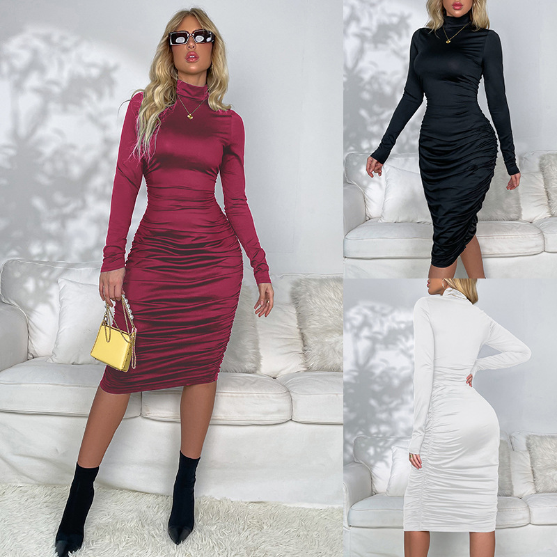 Foreign trade conservative high collar pleated waist slimming mid-length one-step skirt fashion autumn temperament hip long sleeve dress