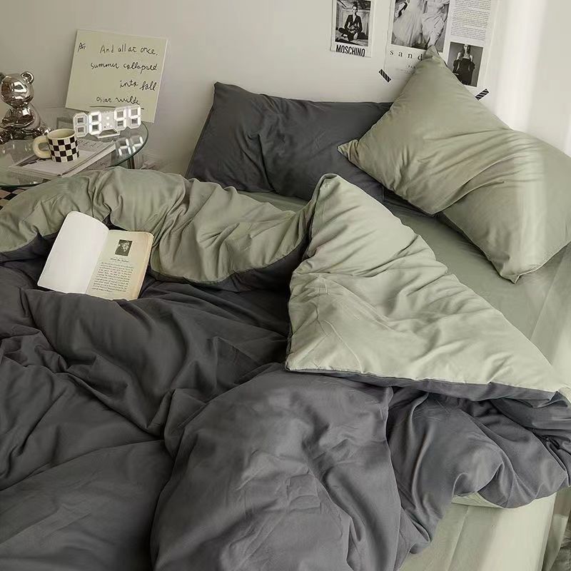 Ins Nordic Style Simple Four-piece Set Washed Cotton Bedding Student Dormitory Three-piece Set Solid Color