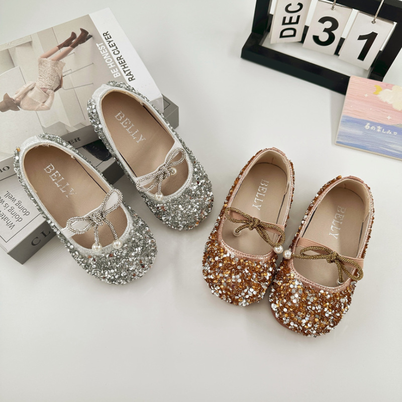 Baby Girl Shoes 2025 Spring & Fall New Little Girl Rhinestone Princess Shoes Kidsren's Flats Fashion Versatile Soft-Soled Leather Shoes