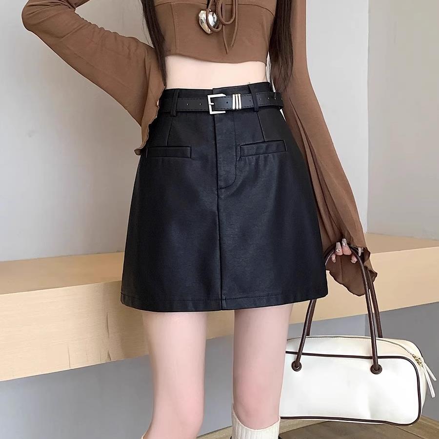 Black Leather Skirt Women's Spice Girl Skirt 2024 Autumn and Winter High Waist Straight Tube Slimming Tall A- word Anti-glare PU Skirt
