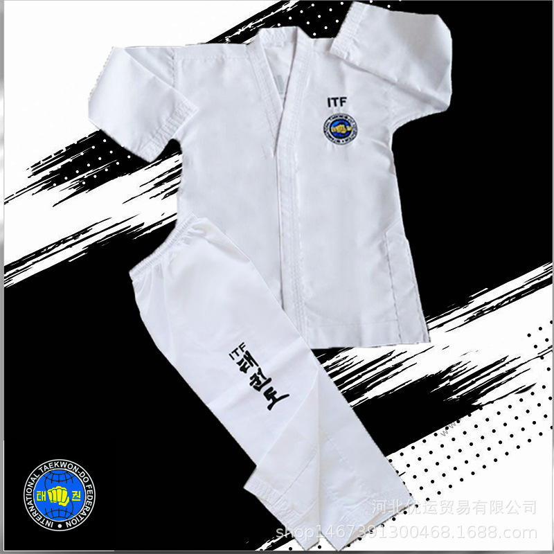 Itf Taekwondo Uniforms for Kidsren and Adults, Stripesd Fabric Training Uniforms, Ready-Made Wholesale, Embroidered and Printed Taekwondo Uniforms, Comfortable