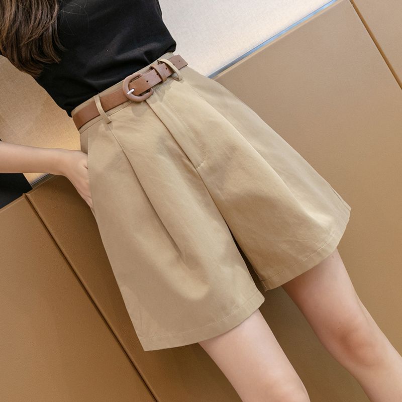Khaki Cargo Shorts for Women, Summer Thin High-Waisted Slimming Loose Wide-Leg Mid-Length Casual Suit Shorts Trendy