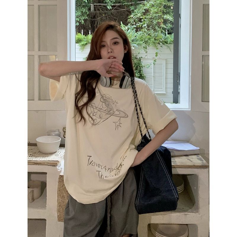 Picture of apricot Rabbit Printed Short-sleeved T-shirt Women's Summer Thin Korean Style Design Niche Loose Hong Kong Style Top