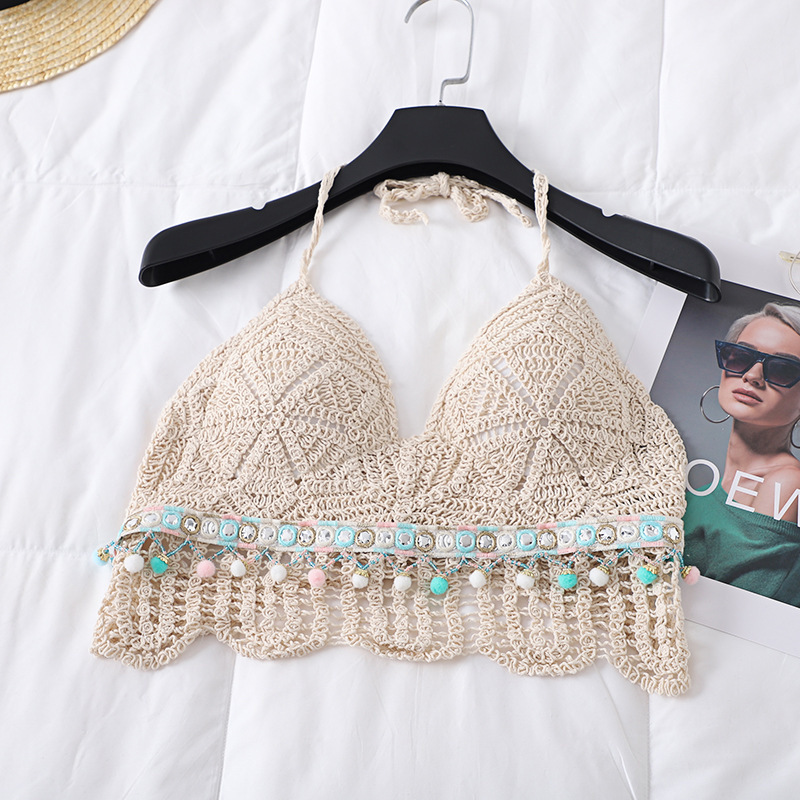 Real shot 2022 summer new camisole sexy halter hollow-out inner top Western style off-shoulder swimsuit