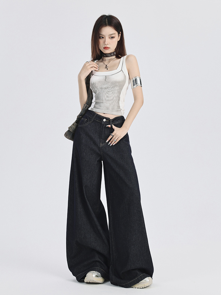 American Style dark blue Wide Leg Jeans Women's Summer Retro High Waist Loose chubby girl Slimming Straight Pants
