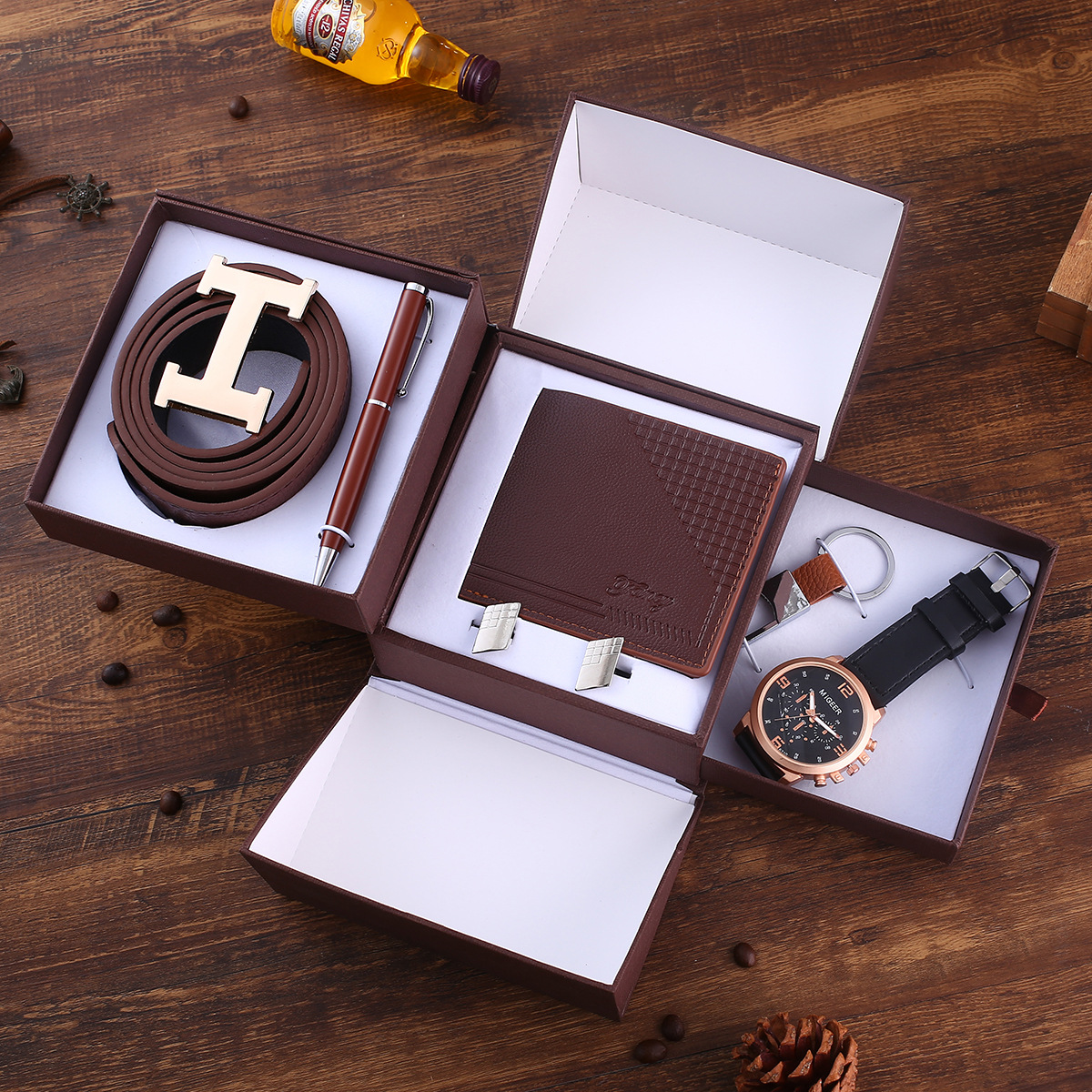 Picture of 6Pcs/Set Suit Belt+Wallet+Button Cufflinks+Keychain+Quartz Watch+Pen Gift Box Creative Gift Box
