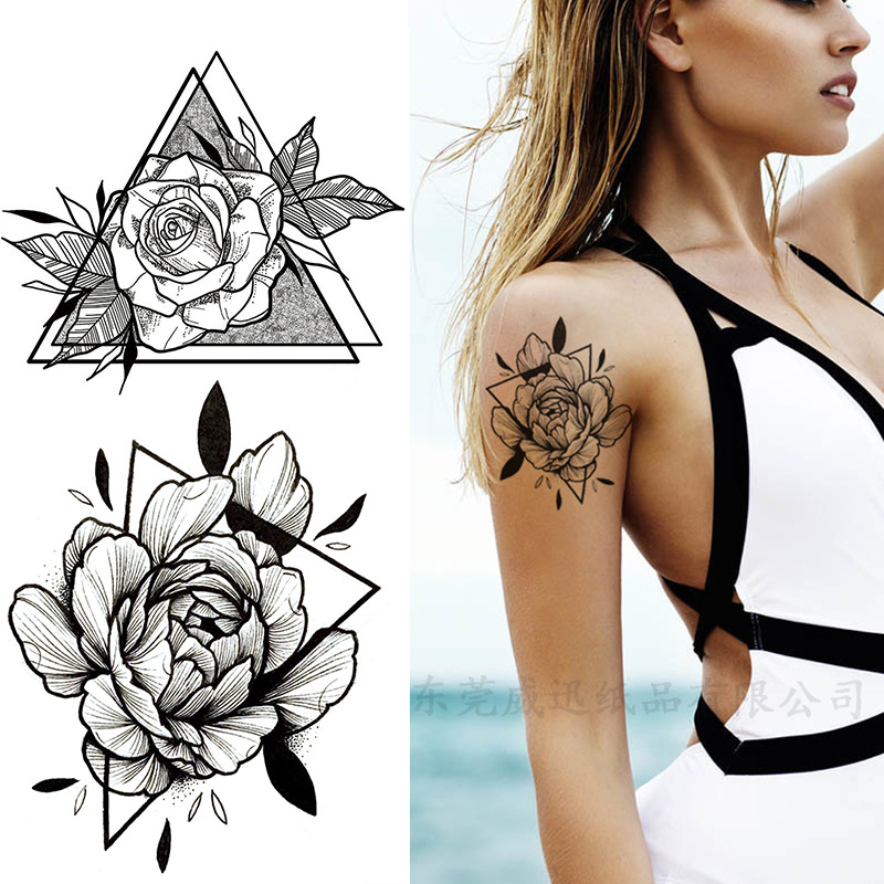 Picture of Cross-Border Supply of Sketch Flower Tattoo Stickers, Sketch Tattoo Stickers, Rose Flower Black and White Flower Tattoo