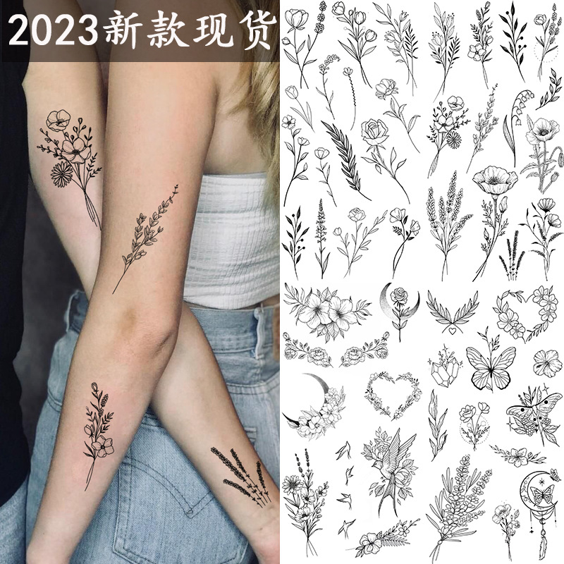 Picture of Cross-Border Supply of Sketch Flower Tattoo Stickers, Sketch Tattoo Stickers, Rose Flower Black and White Flower Tattoo