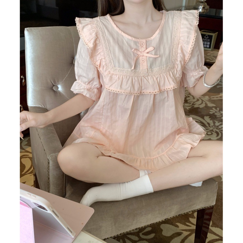 Korean Style Sweet and Comfortable Jacquard Cotton Princess Style Girl's Cute Summer Short Sleeve Suit Pajamas Home Clothes
