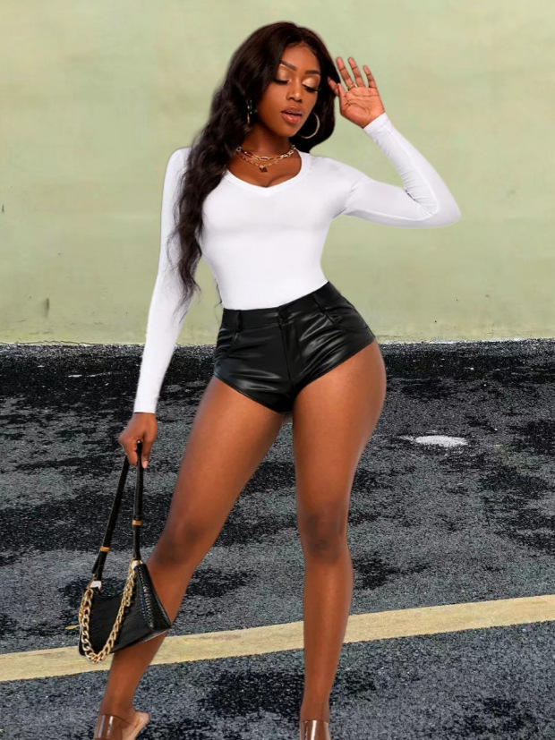 Cross-border Europe and America Amazon 2024 Autumn New Fashion Sexy High Waist Elastic Tight PU Leather Casual Shorts