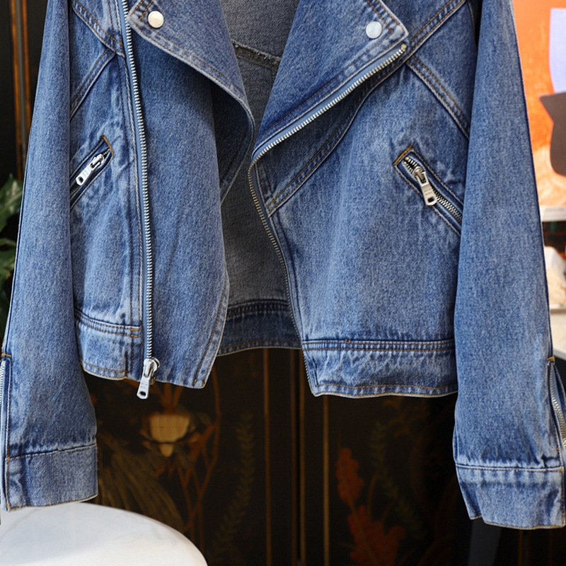 Picture of The Street Is so Handsome, and the Fashionable Love! Large Lapel Zipper Long Sleeve Motorcycle Style Denim Jacket for Women Trendy