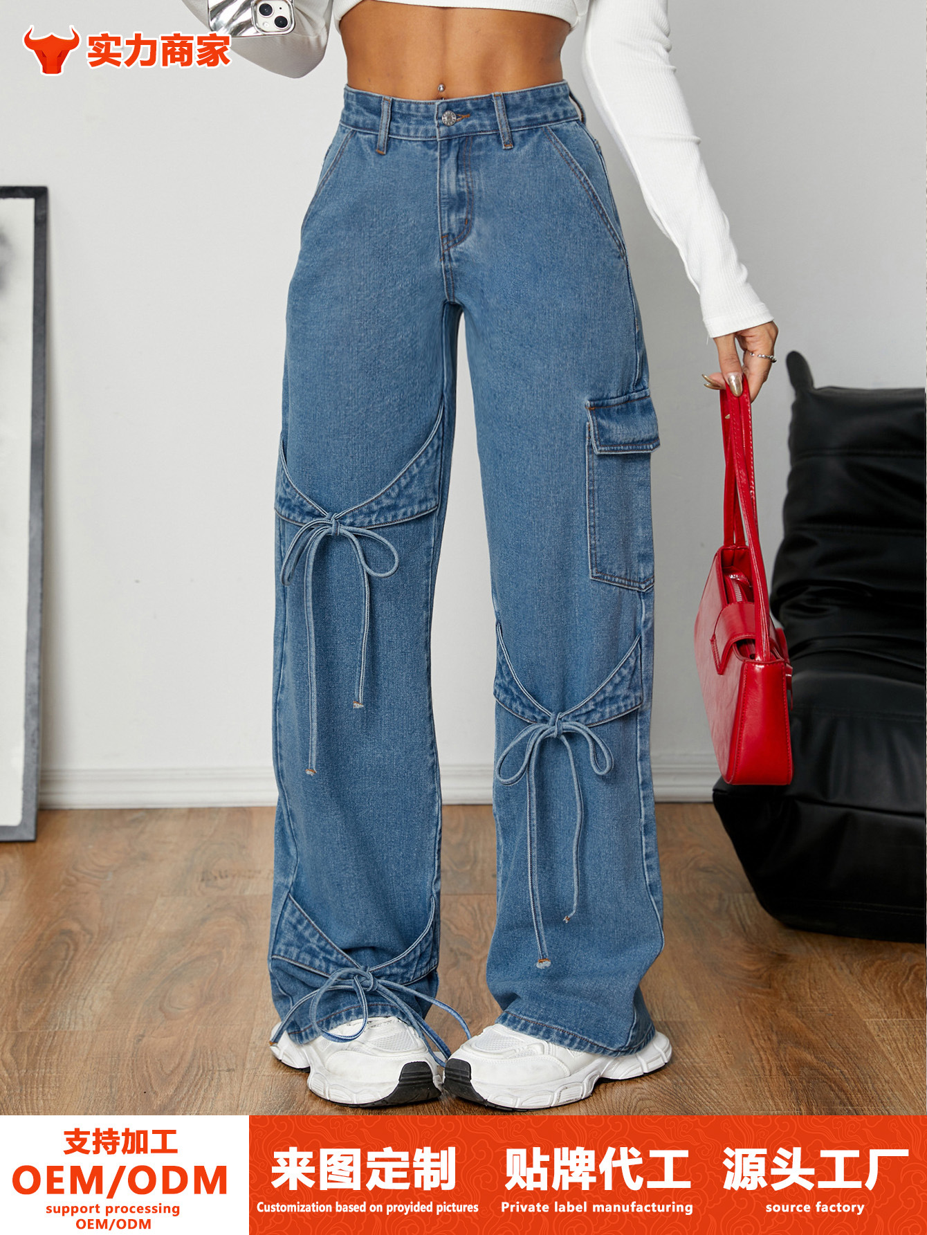 Cross-border Foreign Trade Amazon Europe and America Bow Tie-up Tooling Style Denim Pants Women's Loose Straight Wide-leg Pants