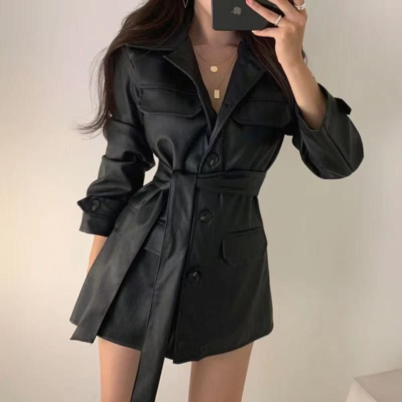 Picture of Korean Chic Niche Versatile Waist Slimming Look Mid-Length Handsome Motorcycle Leather Jacket Women's Autumn and Winter Long-Sleeved Top