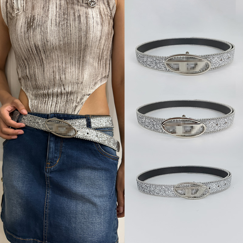 American vintage D letter buckle silver sequin belt women's versatile embellishment with dress jeans hottie belt