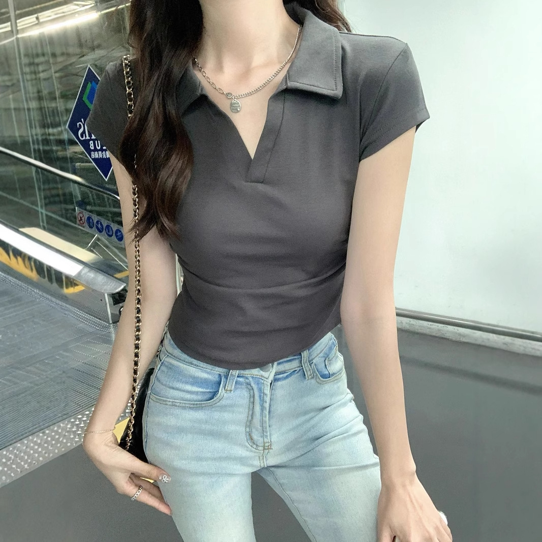 Cotton Sexy Style Polo Collar Short-Sleeved T-Shirt for Women New Design Niche Slimming Look Short Top Export