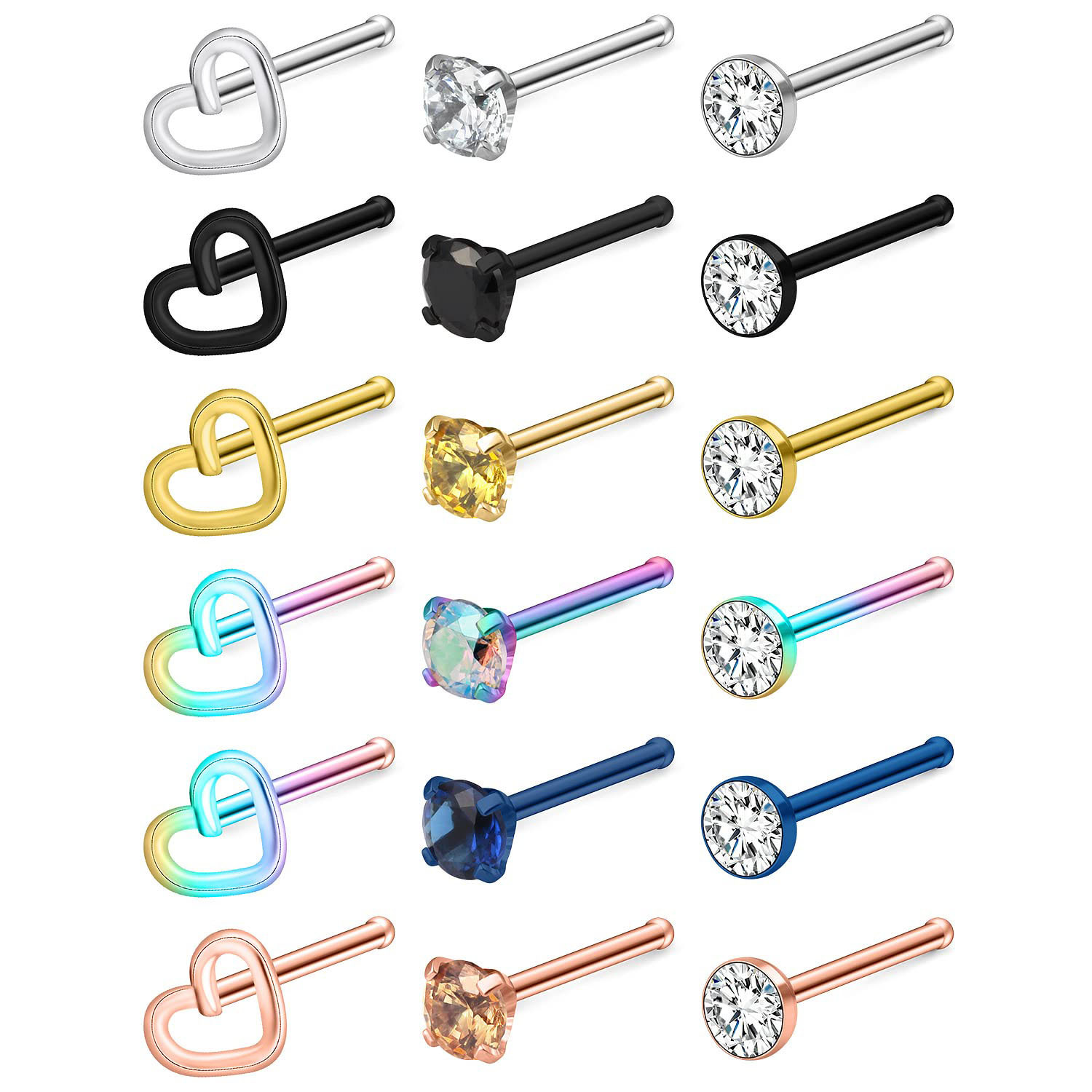 Cross-border 18 pieces of stainless steel nose ring straight rod nose nail love diamond zircon puncture jewelry combination suit Amazon