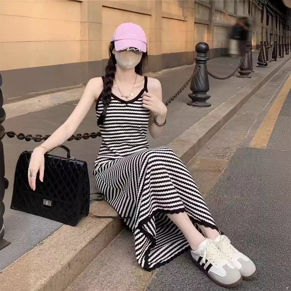 Summer Striped Sling Knitted dress Women's Long Over-knee V-neck Slimming Lazy Style A- line Long Skirt
