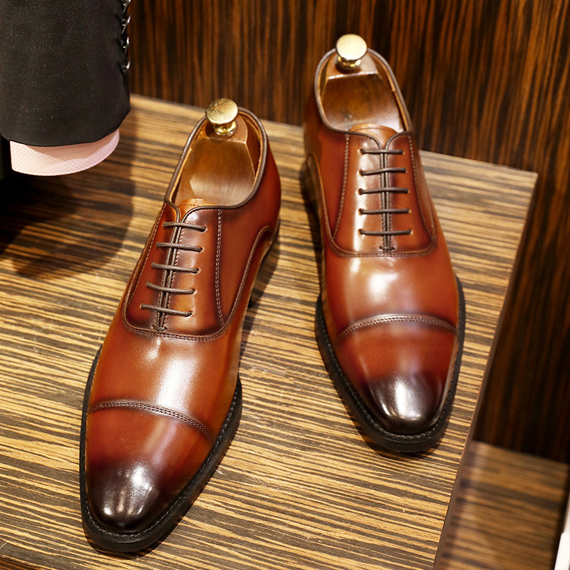 Height-Increasing Model 8988-1 Men's Classic Three-Joint Leather Shoes, Lace-Up Gentleman Shoes, Wedding Shoes, First Layer Cowhide Shoes