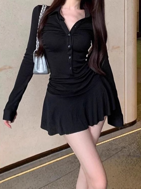 Light Luxury High-end Hip Skirt Korean Style Slimming Long-sleeved dress Women's Autumn and Winter Design Waist Tight Age-reducing Short Skirt