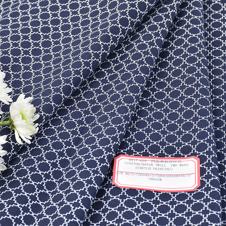 New cotton viscose interwoven blended fabric woven twill printed fabric cr full elastic four-sided elastic printed fabric