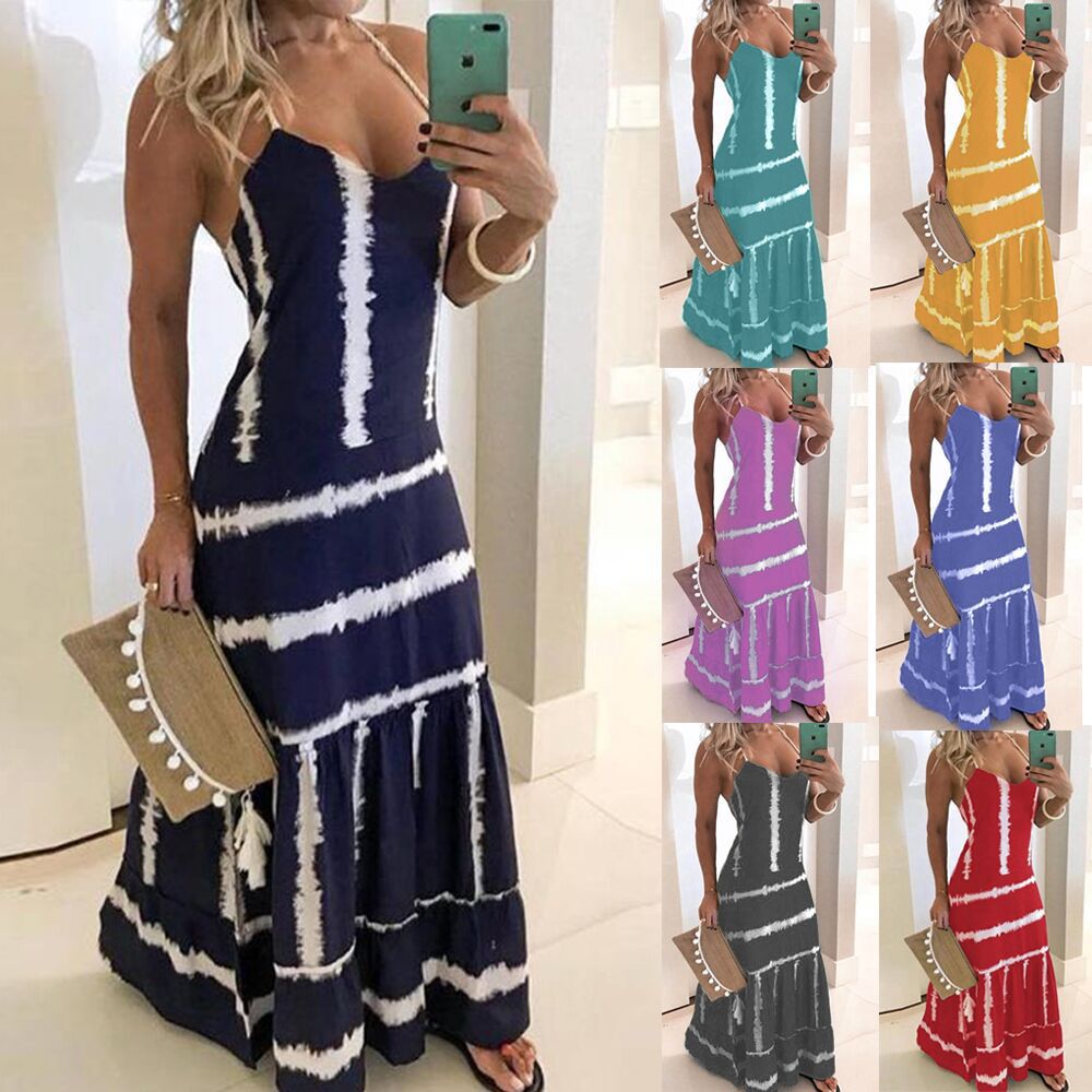 9592 # 2020 New Autum European and American Skirt Slimming Look Halterneck Horizontal Pattern Printed Floor-Length Long Dress